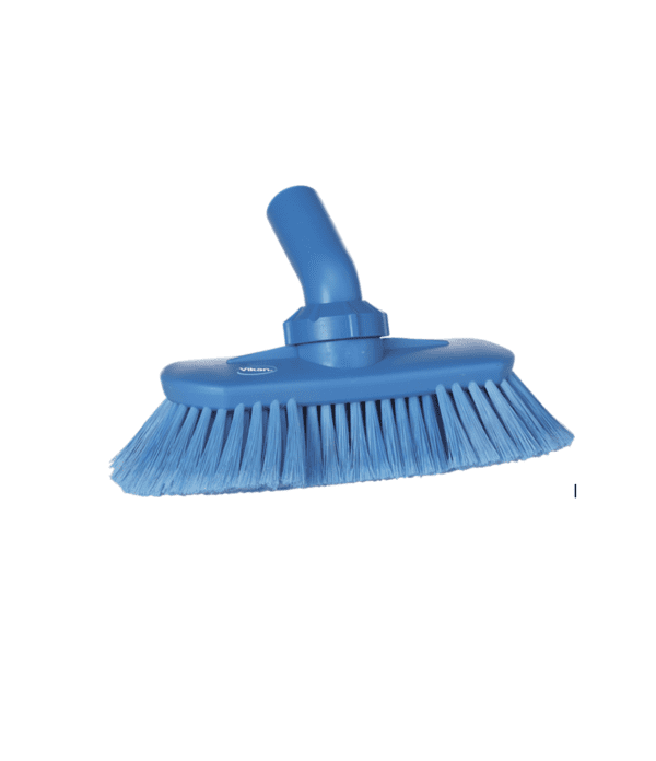 Blue plastic scrub brush with handle.